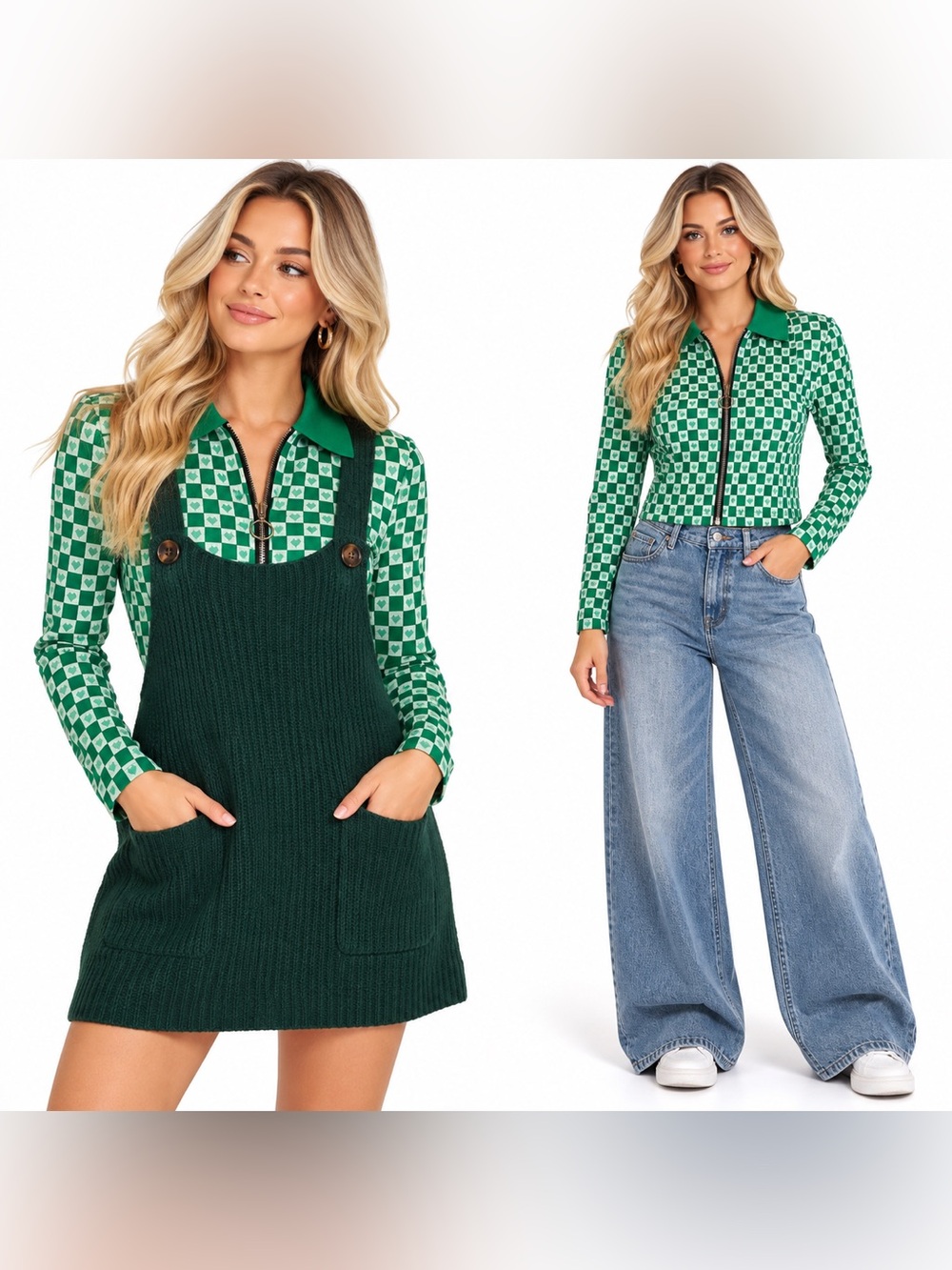 Urban Revivo Green Heart Checkerboard Cropped Zip Shacket Top Womens SZ M Y2K
